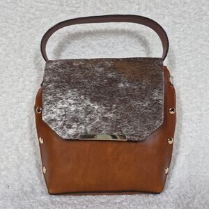 Artisanal Cognac Brown Leather Handbag with Cowhide Flap & Gold-Tone Hardware